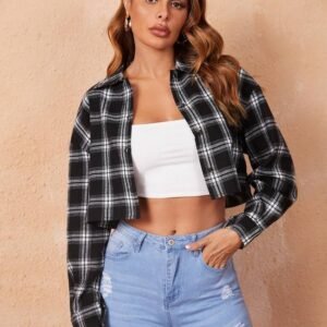 Plaid Print Drop Shoulder Crop Shirt
