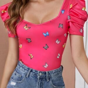 Sweetheart Neck Butterfly Print Puff Sleeve Tee