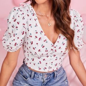 Cherry Print Button Front Puff Sleeve Crop Top