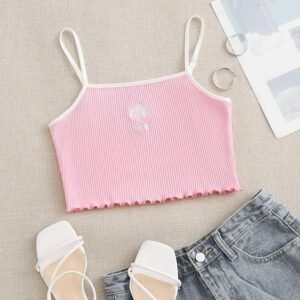 Letter & Cartoon Embroidery Rib-knit Cami Top