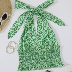 Leopard Print Tie Backless Shirred Halter Top