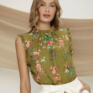 Bird & Tropical Print Frill Trim Top