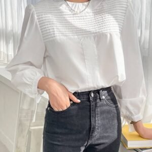 DAZY Press Crease Puff Sleeve Knot Cuff Blouse