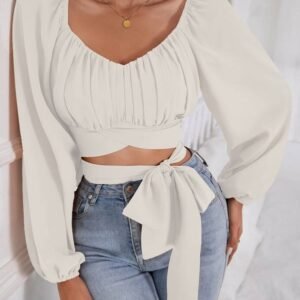 Ruched Bust Lantern Sleeve Knot Front Crop Blouse