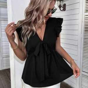 Butterfly Sleeve Knot Front Peplum Blouse