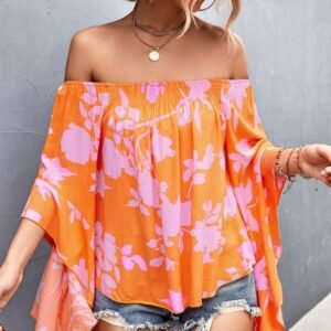 Floral Print Off Shoulder Shirred Blouse