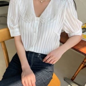 DAZY Scallop Trim Mesh-doll Neck Puff Sleeve Blouse