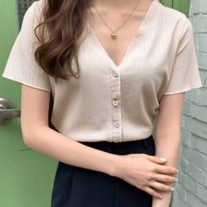 DAZY Solid V Neck Button Front Tee