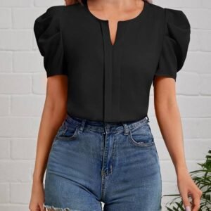 Notched Neck Puff Sleeve Seam Front Blouse