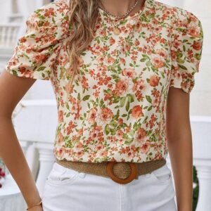 Allover Floral Print Puff Sleeve Blouse