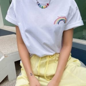 DAZY Rainbow Striped & Letter Drop Shoulder Tee