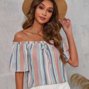 Block Striped Off Shoulder Frill Trim Knot Front Blouse