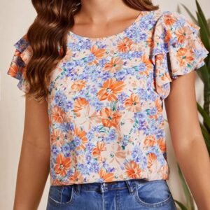 Allover Floral Print Butterfly Sleeve Blouse