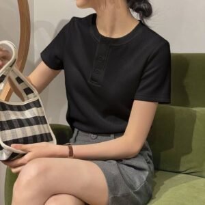 DAZY Solid Button Front Rib Knit Tee