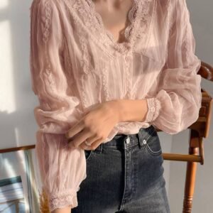 DAZY Embroidery Mesh Puff Sleeve Blouse