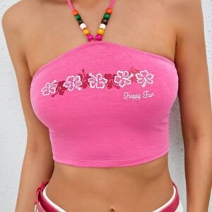 Floral & Slogan Graphic Wooden Beaded Detail Halter Top