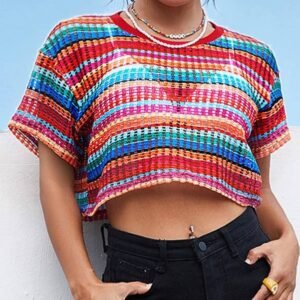 Hollow Out Rainbow Striped Crop Mesh Tee Without Bra